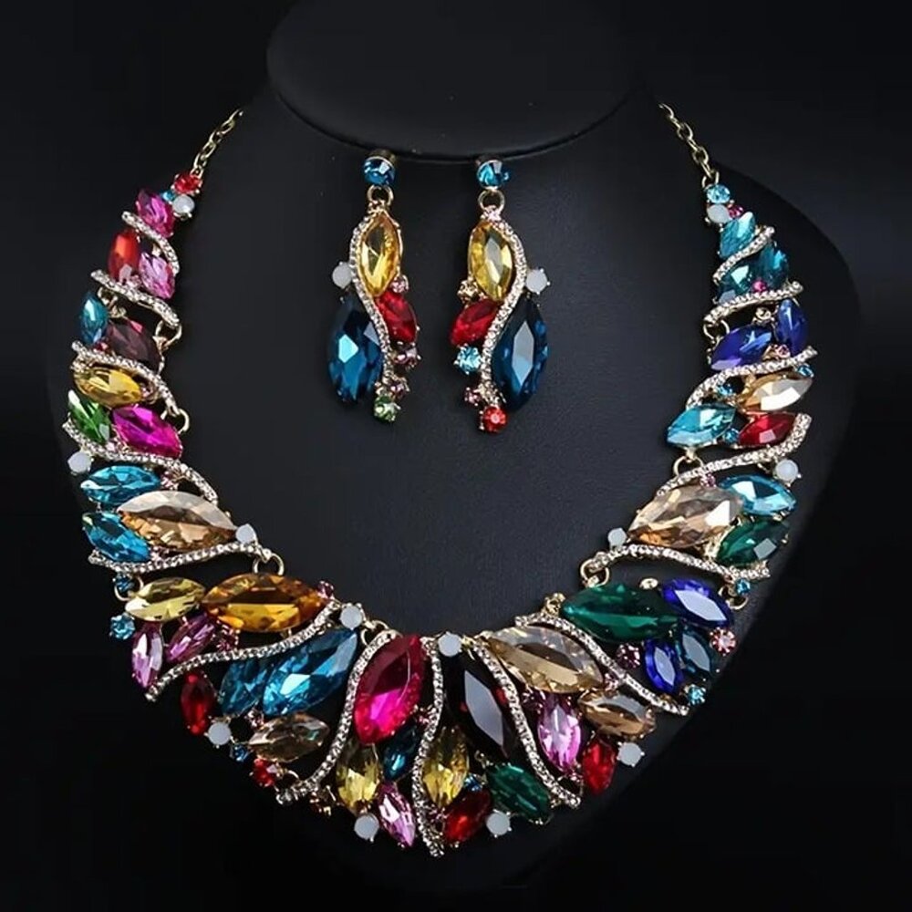 real nice shiny 2-Piece Exaggerated Crystal Flower Necklace + Earrings Set